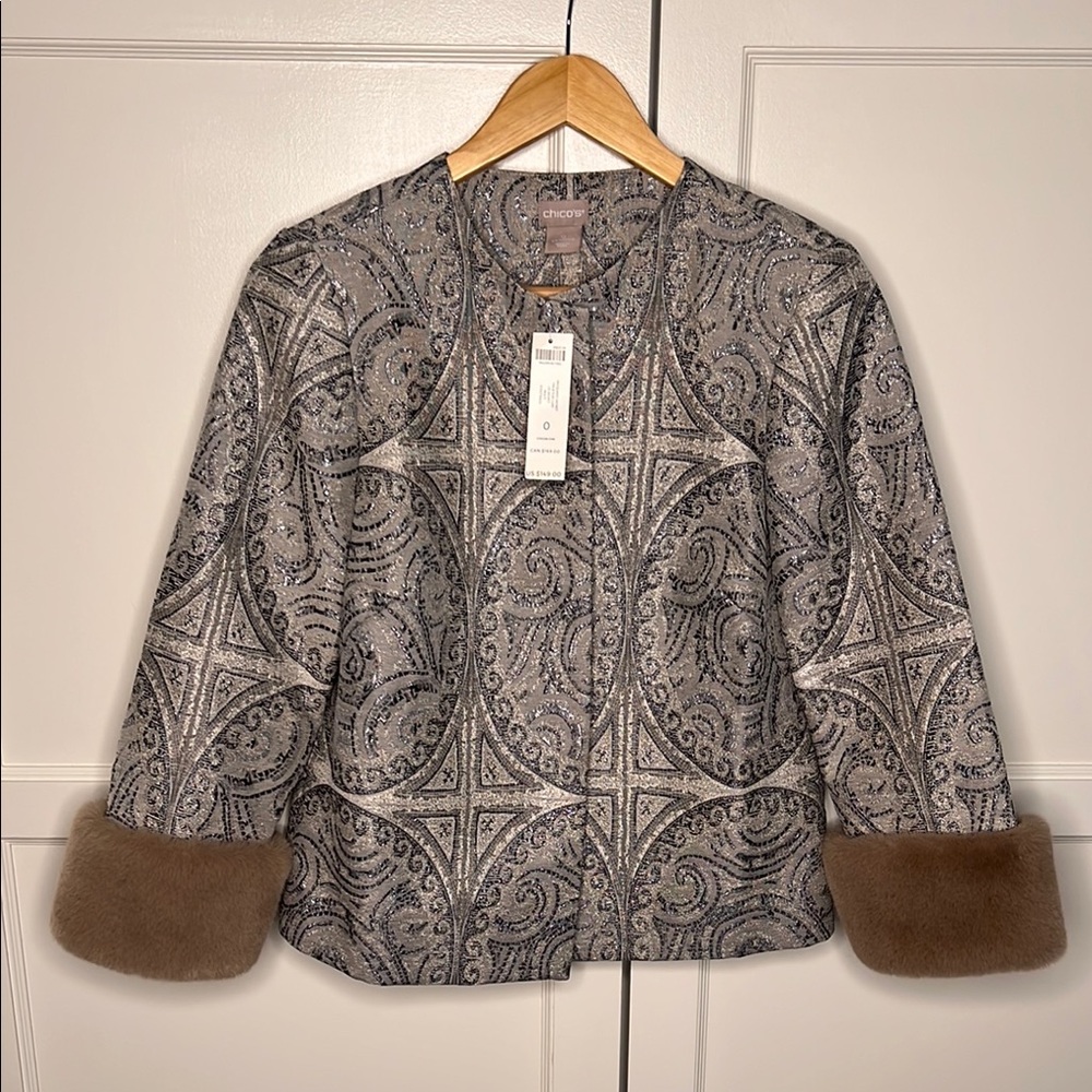 Chico's Silver Patterned Jacket with Brown faux fur Accents Small